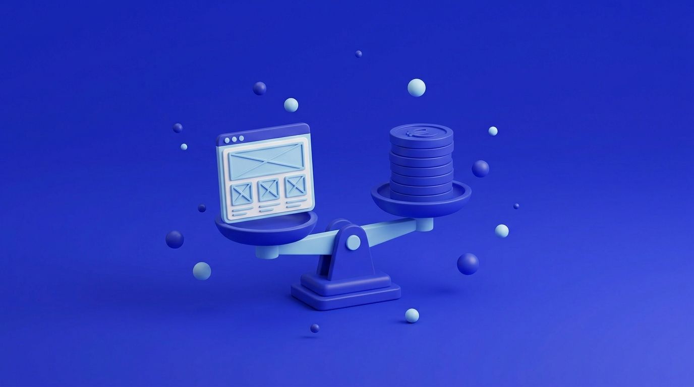 Illustration 3D bleue d'une balance représentant le prix d'un site internet en Belgique, comparant un site web à des pièces de monnaie